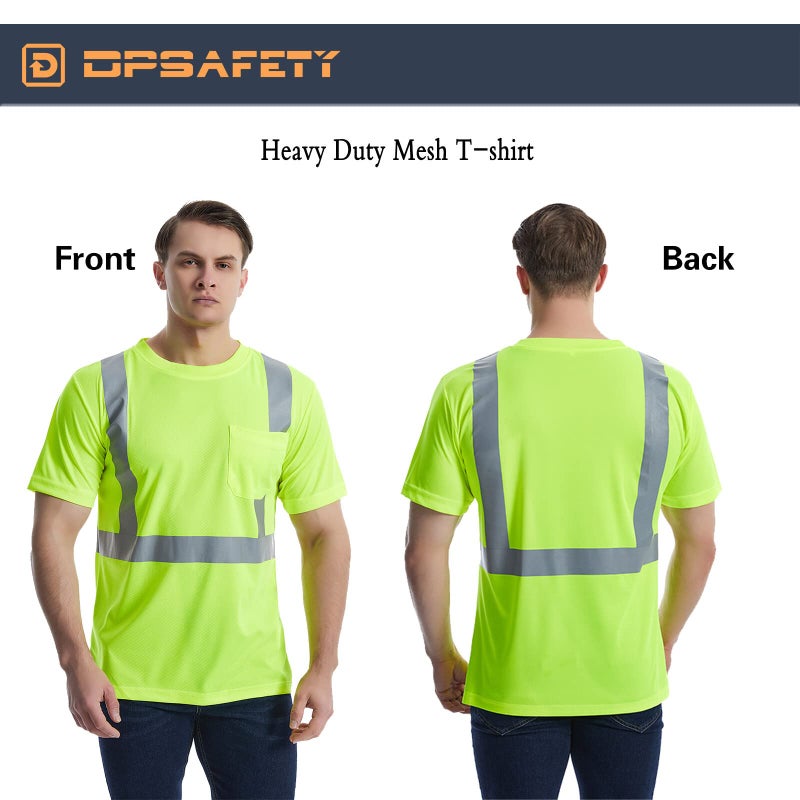 DPSAFETY High Visibility Shirts Quick Dry Safety T Shirts with Reflective Strips and Pocket Short Sleeve Mesh Hi Vis Construction Work Class 2 Shirt for Men/Women Lime,5XL - Image 4